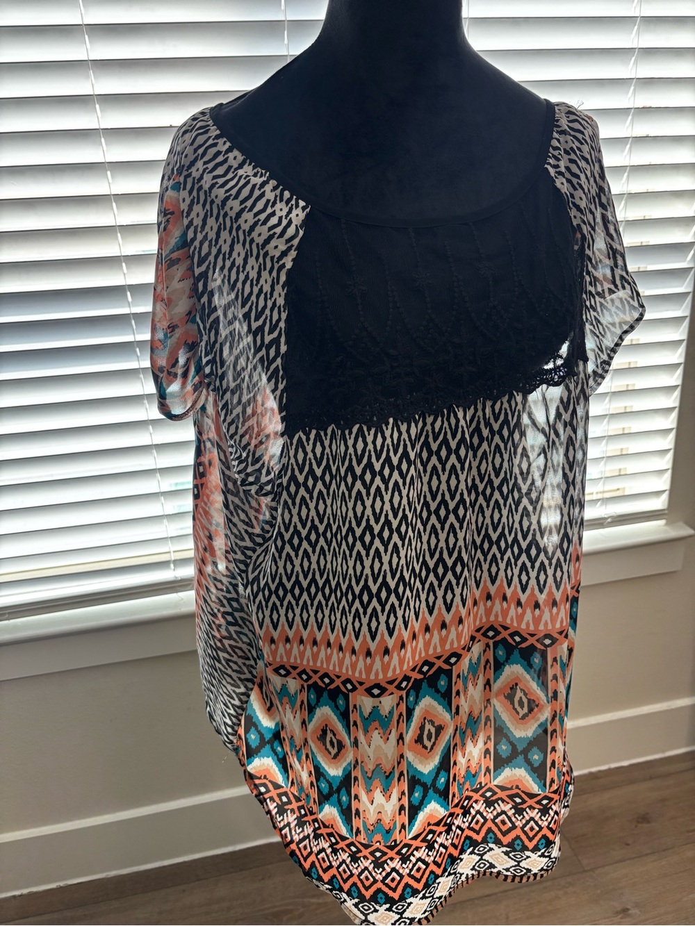 Boho Printed Dolman Sleeve Top with Black Lace Yoke